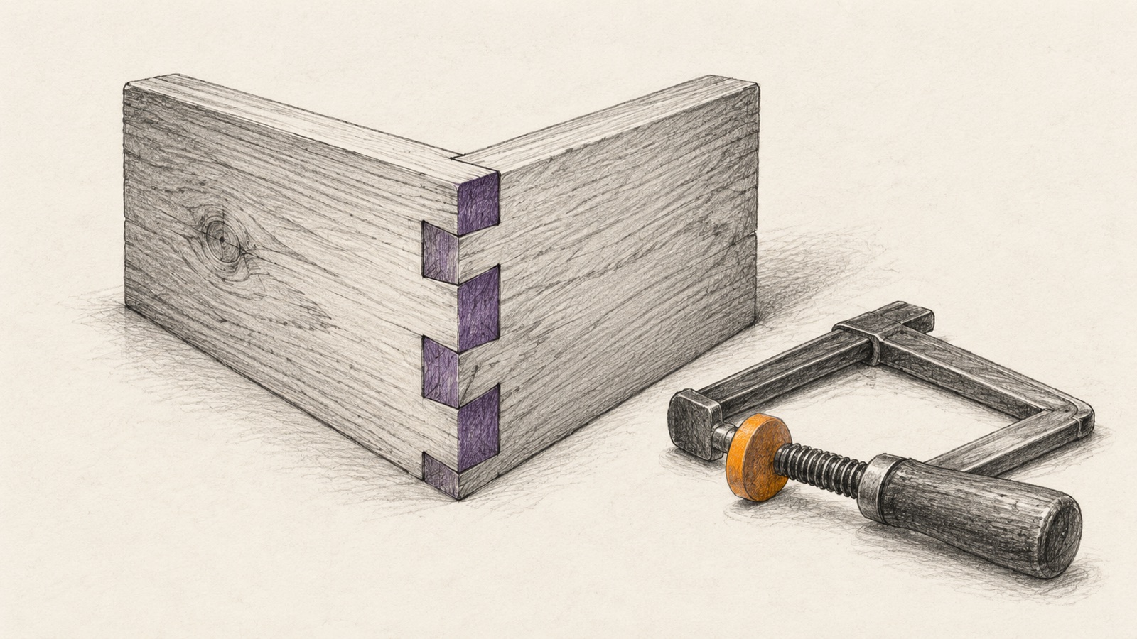An assembled dovetail corner standing beside a released woodworking clamp.