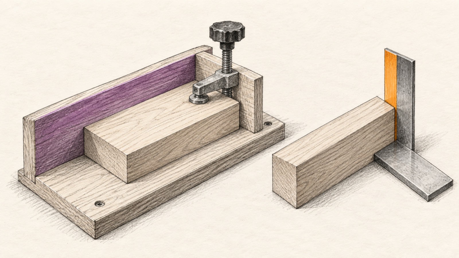 Graphite sketch of a workshop jig holding a wooden piece beside an inspection square.