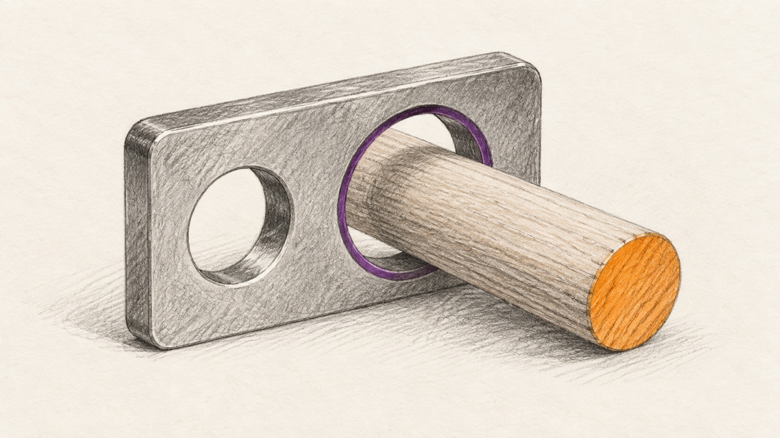 A plain wooden dowel checked against two openings in an unmarked sizing gauge.