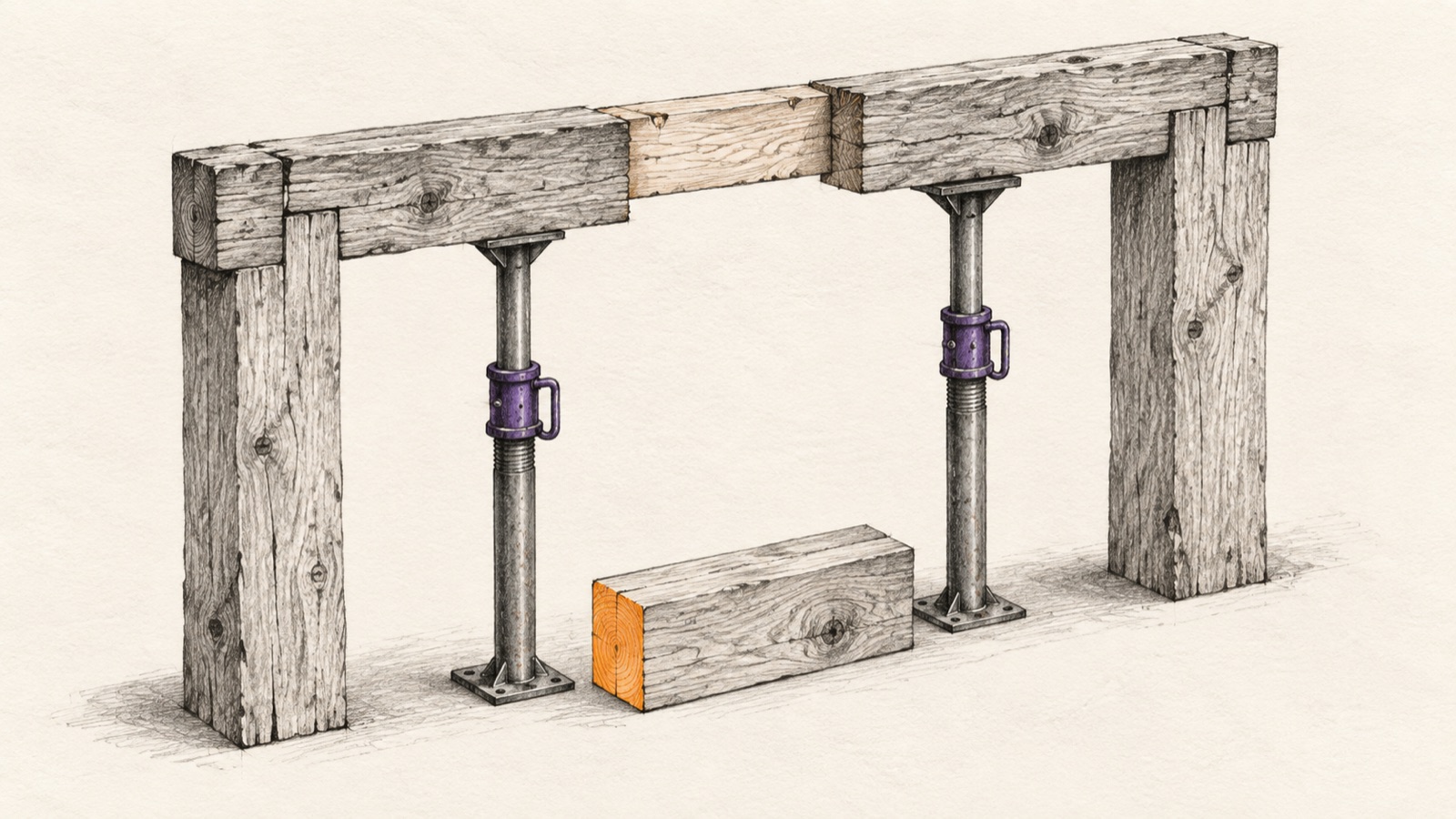 A timber frame held by temporary supports while a short beam section is replaced.