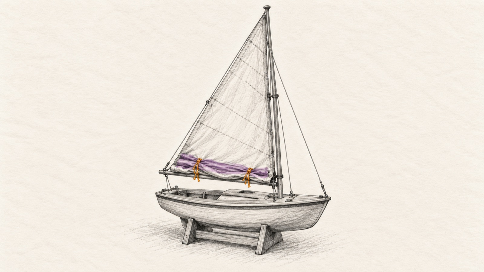 A small sailboat model with its sail reefed to reduce the exposed canvas.