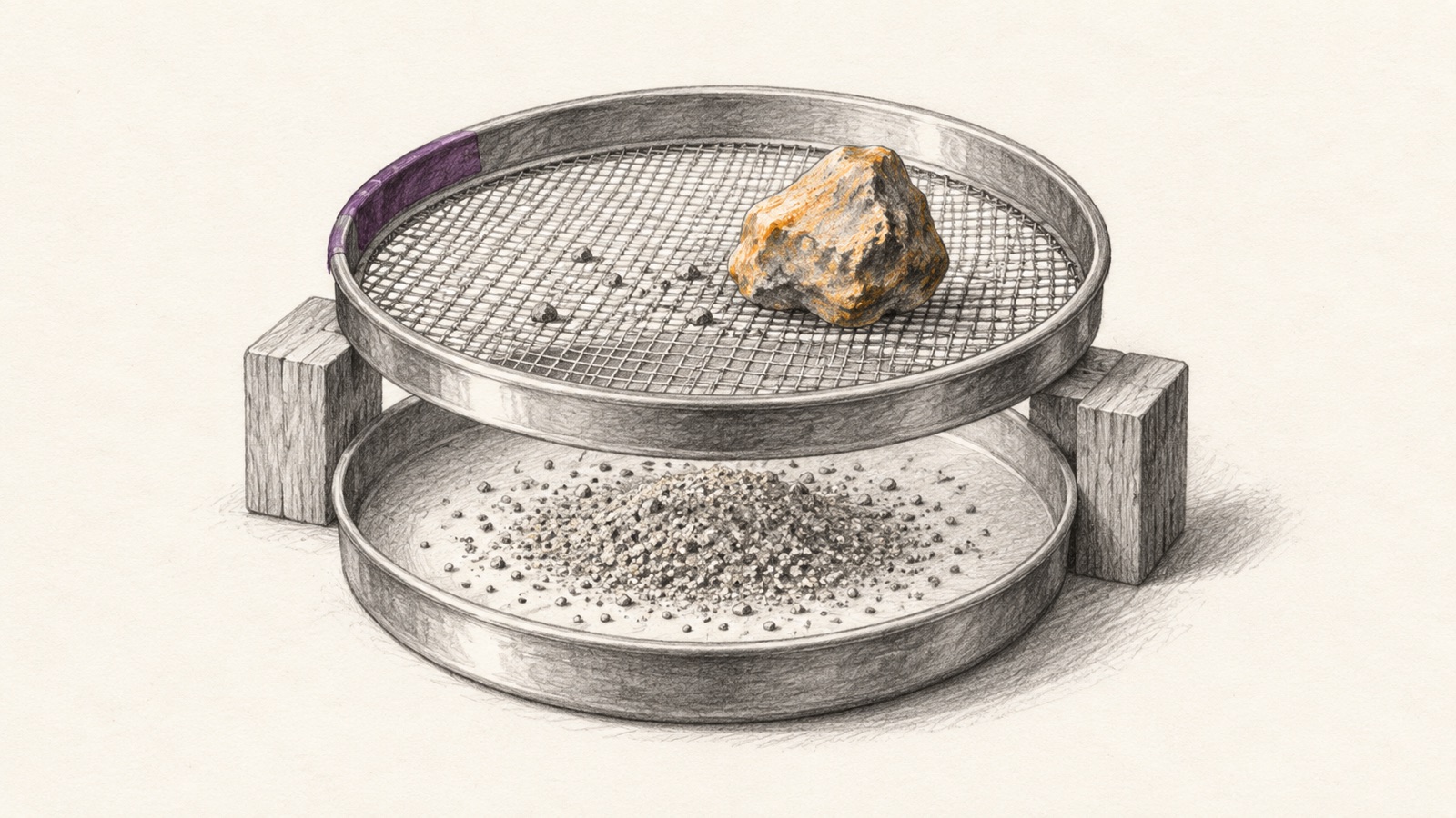 A shallow sieve retaining a large stone while fine grains collect in the tray below.