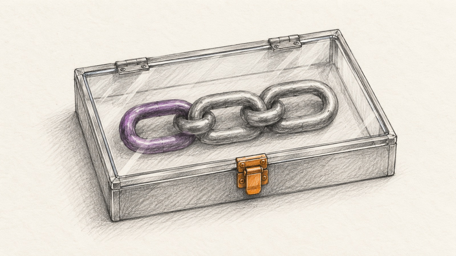 Three connected metal links visible inside a transparent inspection case with a closed latch.