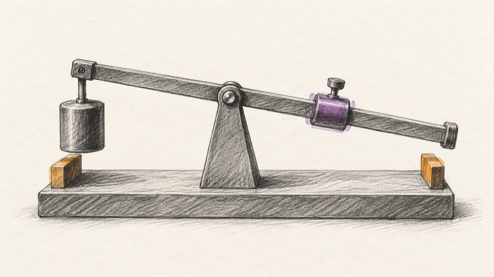 Graphite sketch of an adjustable balance beam with a sliding weight and physical stops.