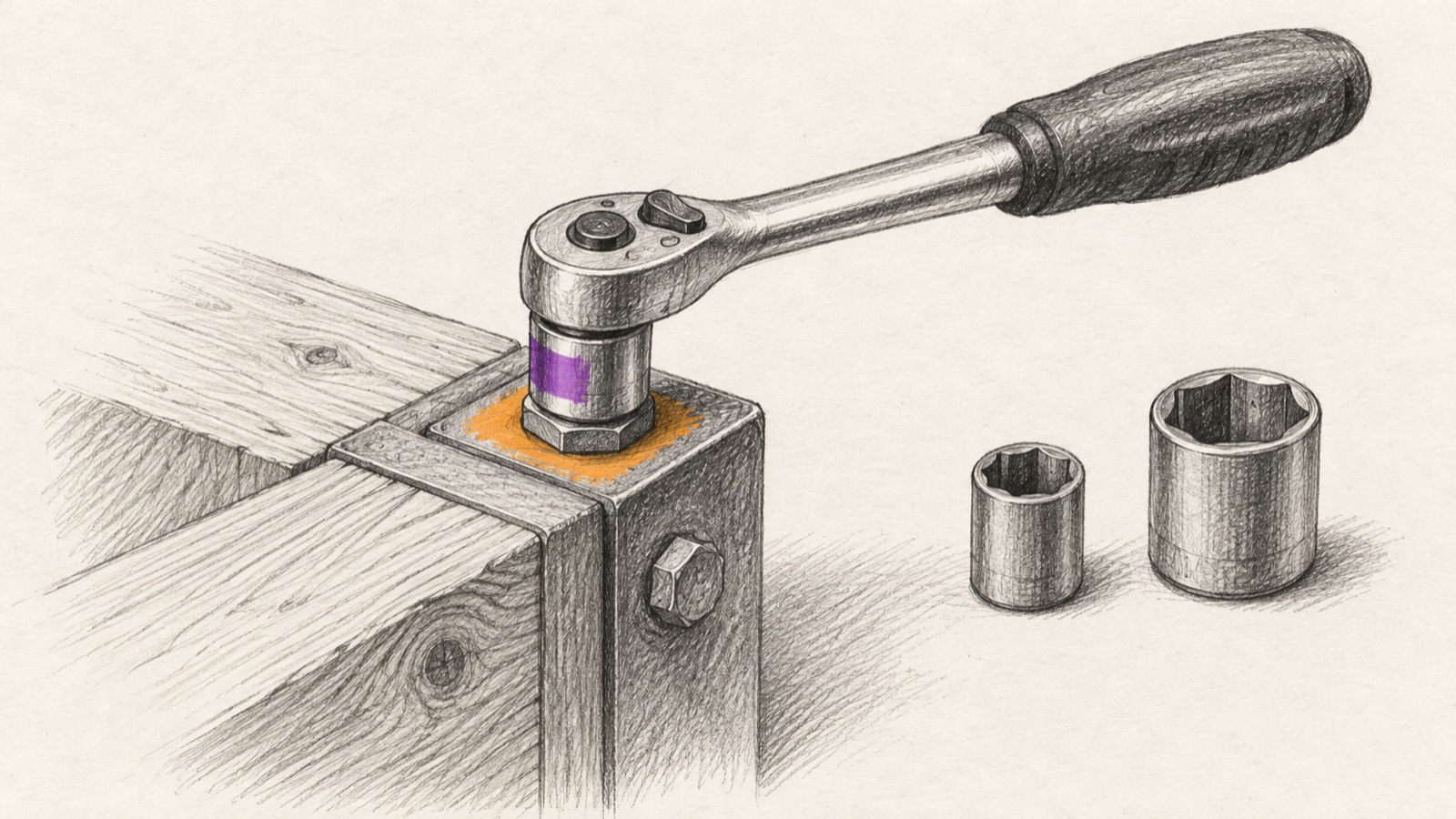 A socket driver fitted to a bolt, with two alternative sockets beside the joint.