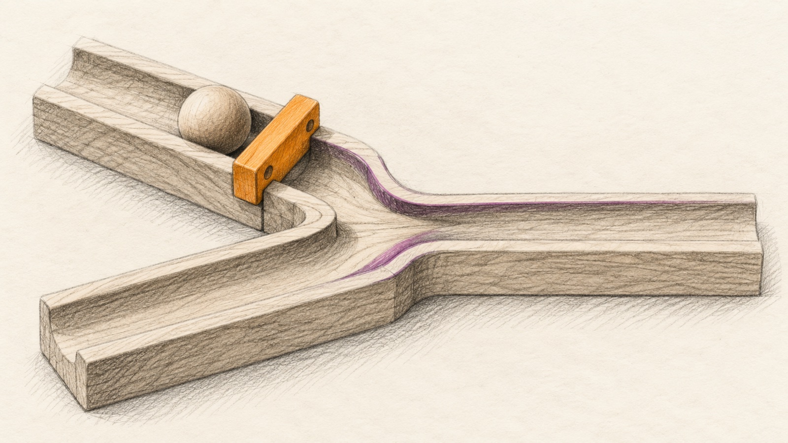 Two guided tracks merging at a transfer point, with a wooden ball held behind a manual stop.