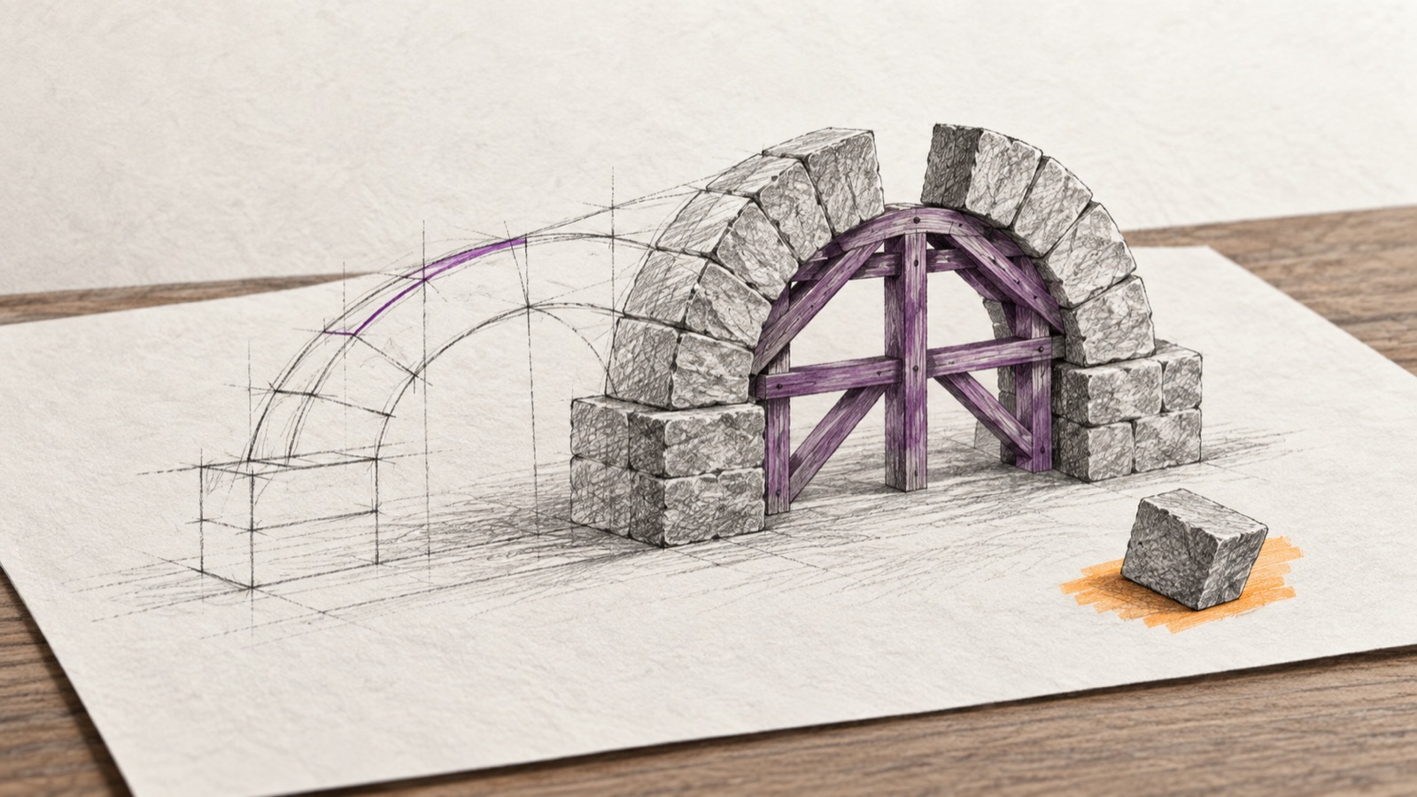 A pencil sketch of an arch on paper becomes real stone blocks along the same lines, with the keystone still resting on the paper nearby, illustrating a plan being built into a working structure.