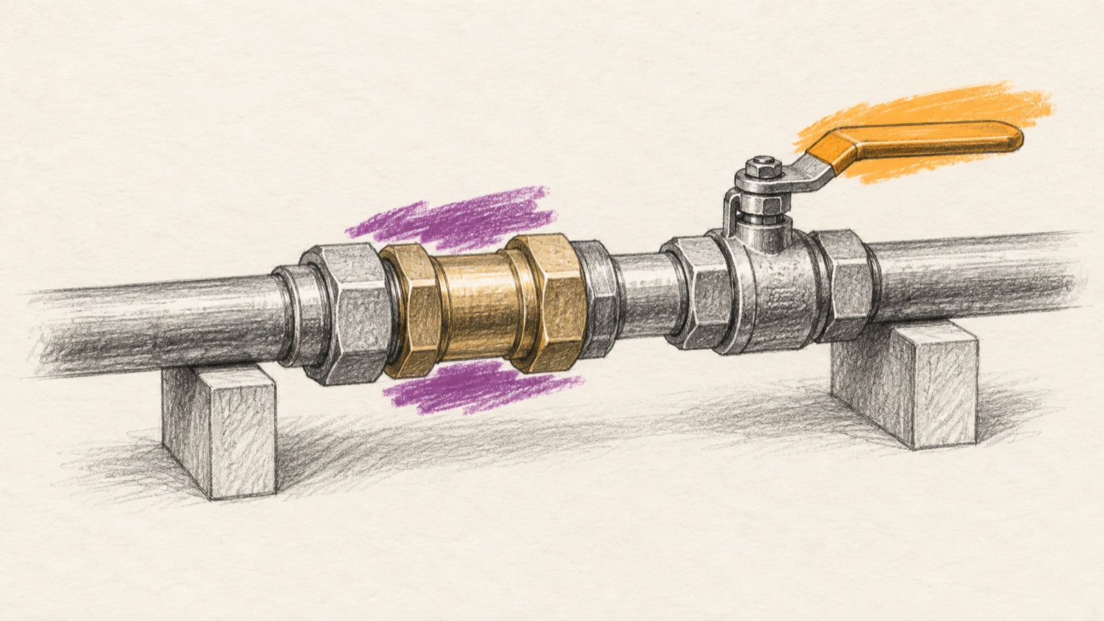 A removable pipe adapter between two sections beside a manual shutoff valve.