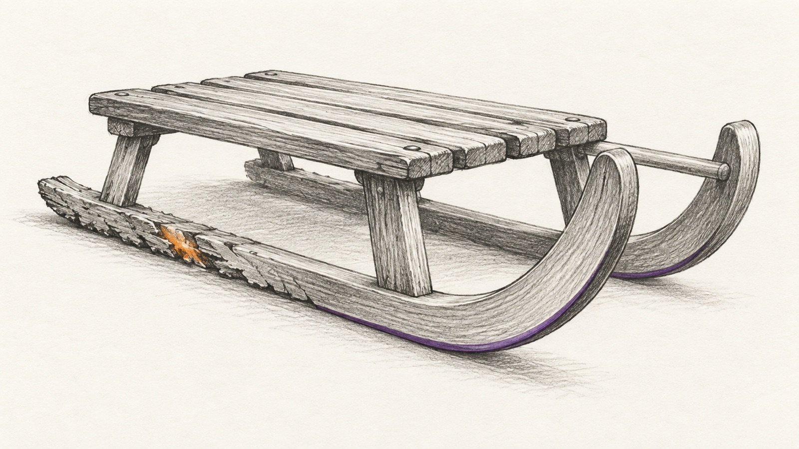 A small wooden sled with one smooth runner and one rough runner.