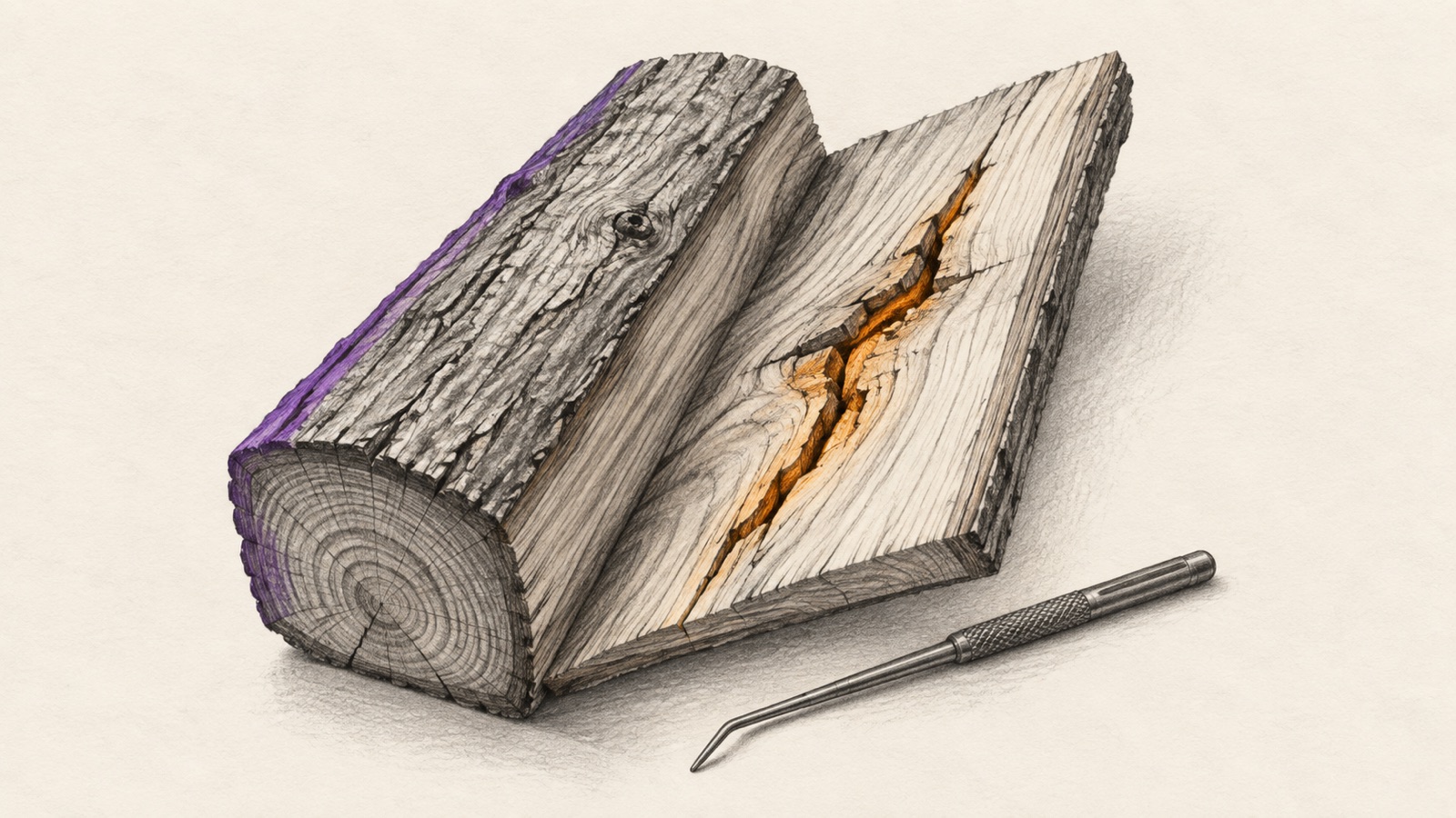 A split timber sample revealing an internal crack beneath a sound outer surface.