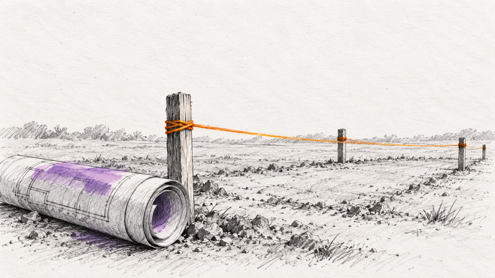 A pencil sketch of wooden survey stakes joined by taut string across bare ground, with a rolled survey drawing beside the first stake, illustrating diligence findings laid out as the first workstreams.