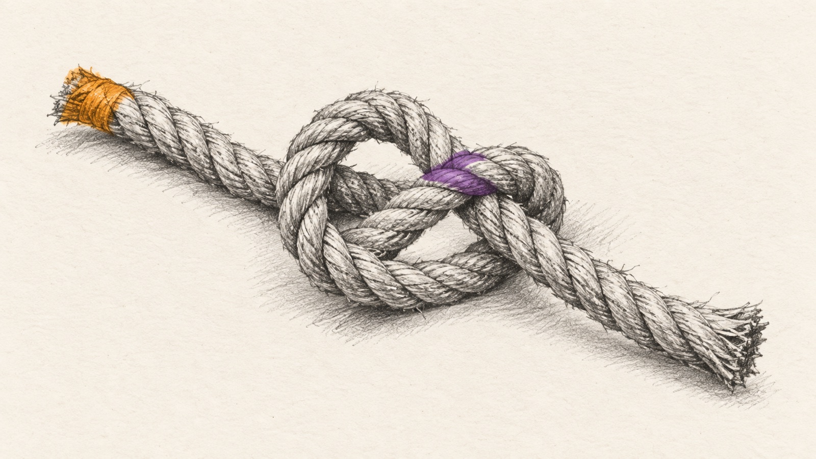 A loose rope knot with its crossings and both ends clearly visible.