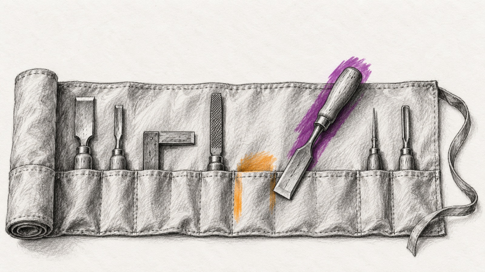 A pencil sketch of an unrolled canvas tool roll, with one tool lifted out of its pocket and laid across the others, illustrating choosing the capability that fits the constraint.