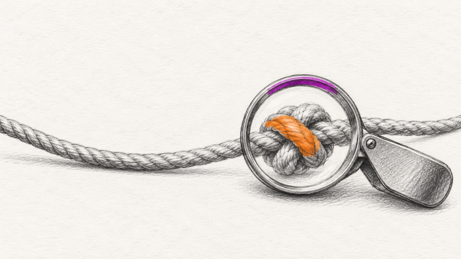 A pencil sketch of a jeweller's loupe resting over a single knot in a long rope, illustrating finding the one constraint before scoping the work.